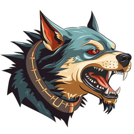 The head of an angry dog in a collar with spikes and bared fangs isolated on a white background.のイラスト素材