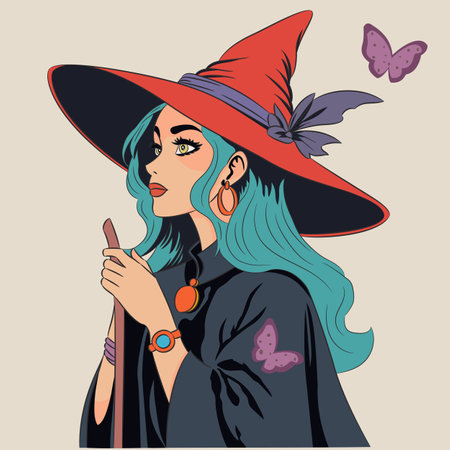 Beautiful girl in a red hat and with a staff isolated on a white background.のイラスト素材