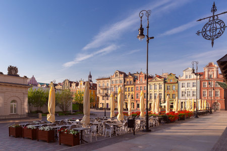 Facades of old colorful houses on the Town Hall Square in Poznan
