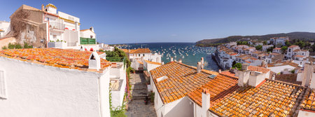 Aerial panoramic view of Cadaques on a sunny day, Catalonia, Spainの写真素材