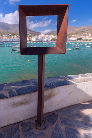 Cadaques Bay with boats and Church of Santa Maria, Catalonia, Spainの写真素材