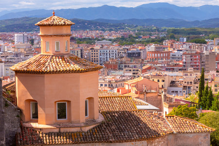 Historic Architecture and Cityscape of Girona, Catalonia, Spainの写真素材