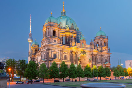 Dom Cathedral on Museum Island in Berlin at sunsetの写真素材