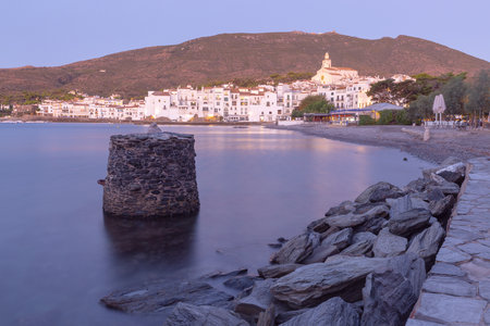 Cadaques Bay with boats and Church of Santa Maria, Catalonia, Spainの写真素材