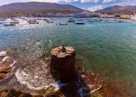 Cadaques Bay with boats and Church of Santa Maria, Catalonia, Spainの写真素材