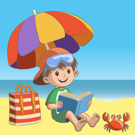 Boy Reading Book on Beach in Summer Vacation, Vector Illustrationのイラスト素材