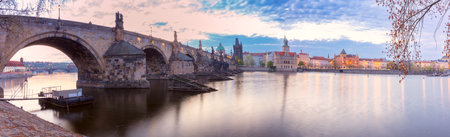 Charles Bridge at sunrise in Prague, Czech Republicの写真素材