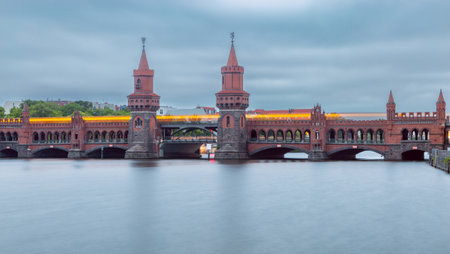 Oberbaum Bridge at sunset in Berlin Germanyの写真素材