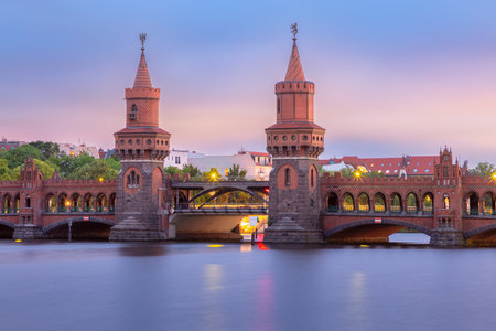 Oberbaum Bridge at sunset in Berlin Germanyの写真素材