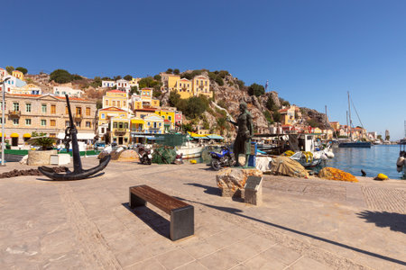Harbor promenade in Symi, Greeceの写真素材