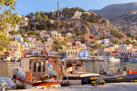 Fishing boat in harbor of Symi, Greeceの写真素材