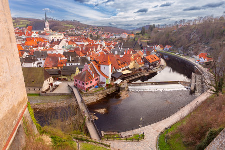 Vltava River and old town, Cesky Krumlov, Czech Republicの写真素材