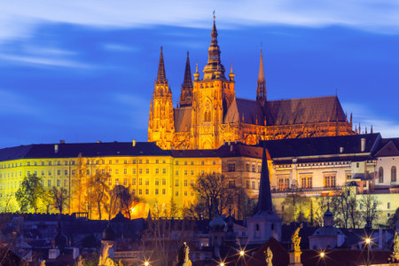Saint Vitus Cathedral at Sunset in Prague, Czech Republicの写真素材