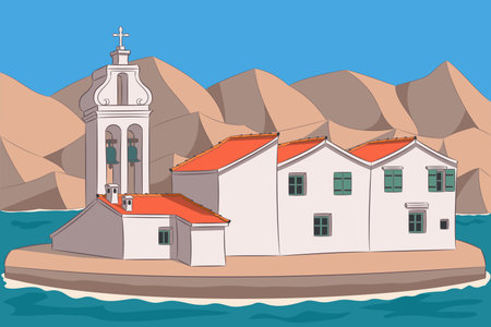 Coloured drawing of the Monastery of Vlaherna, Corfu, Greeceのイラスト素材