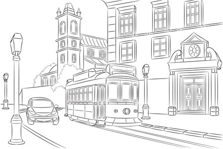 Old street with tram in Lisbon isolated on white backgroundのイラスト素材