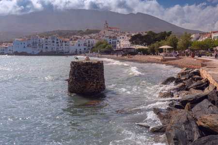 Seafront and Santa Maria church in Cadaques, Spainの写真素材