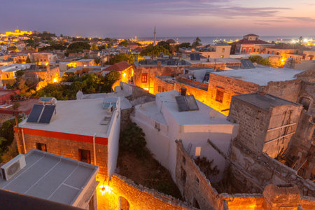 Old Town Rooftops and Palace View, Rhodes, Greeceの写真素材