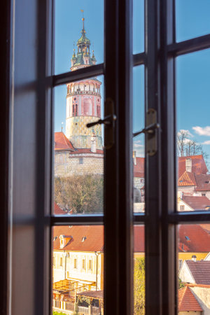 Cesky Krumlov tower seen from window, Cesky Krumlov, Czech Republicの写真素材