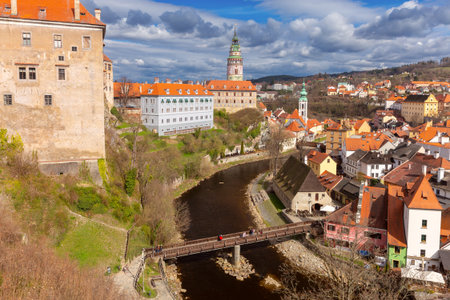 River and Town View in Cesky Krumlov Czech Republicの写真素材