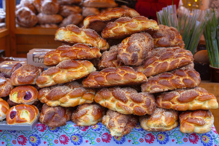Braided sweet breads at market in Warsaw Poland