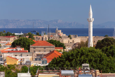View of Rhodes Old Town walls and Suleiman Mosque minaret Greeceの写真素材