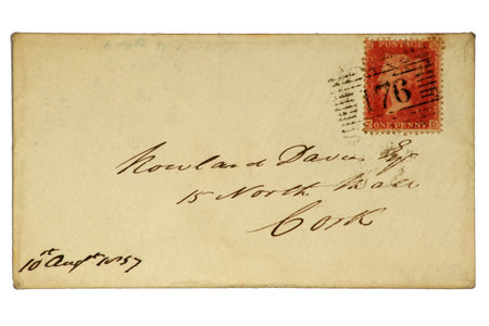 Very early British envelope with a one cent "Penny Red" stamp dated 1857.の写真素材