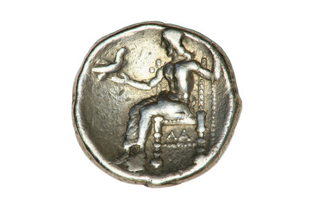 Greek silver Tetradrachm coin from Alexander the Great showing a seated Hercules, dated 336-323BC.の写真素材