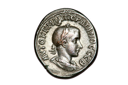 Roman silver Tetradrachm coin of Gordian III, dated 238-244AD.の写真素材