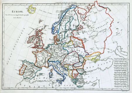 Original line colored map of Europe, printed in France in 1785.の写真素材