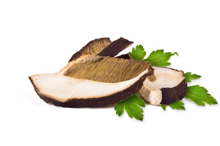Dried slices of porcini mushrooms on a white の写真素材
