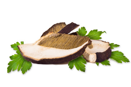 Dried slices of porcini mushrooms on a white の写真素材