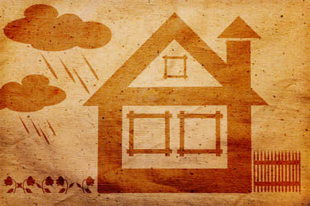The outline of the house on a rough cloth, rainの写真素材