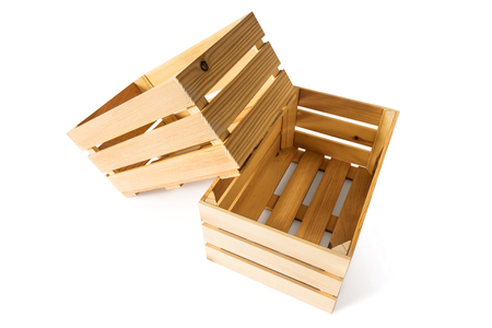 Two empty wooden boxes of smooth planks, isolated on white backgroundの写真素材