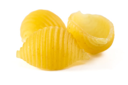 Pasta shells one two three isolated on white backgroundの写真素材
