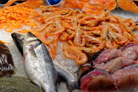 Fresh seafood on ice in fish market. Barcelona, Spain