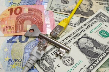 Euro banknotes and american dollars as a background for a pair of  plugs divided by a keyの写真素材