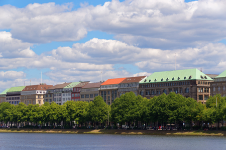 Hamburg, Germany - 30 June, 2018: Colorful roofs of buildings on Ballindamm, Jungfernstieg against blue cloudy skyのeditorial素材