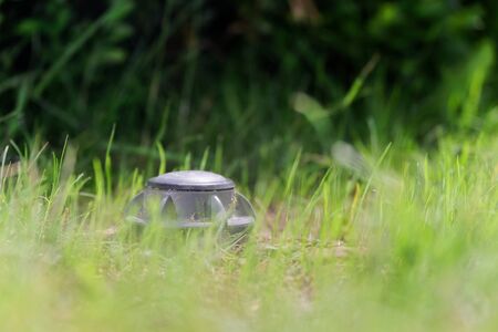 Closeup of an up sprinkler in a green lawn. Hamburg, Germanyの写真素材