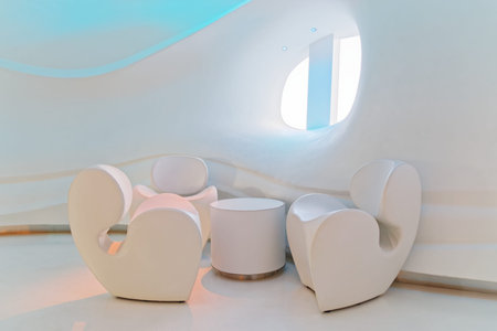Kiel, Germany - August 10, 2019: Modern design seating area in Spray bar of Aida Prima cruise ship