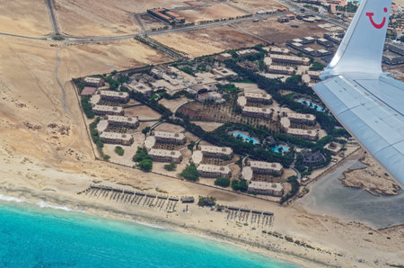 Island Sal, Cape Verde - April 29, 2016: Aerial view of the tourist resorts Riu Palace and Riu Funana from TUI airplaneのeditorial素材
