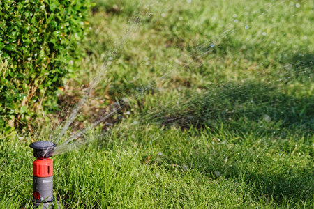 Orange automatic sprinkler in a garden while irrigation