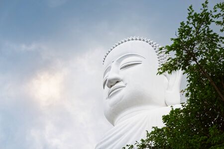 Low angle side view of Buddha head statue against cloudy skyの写真素材