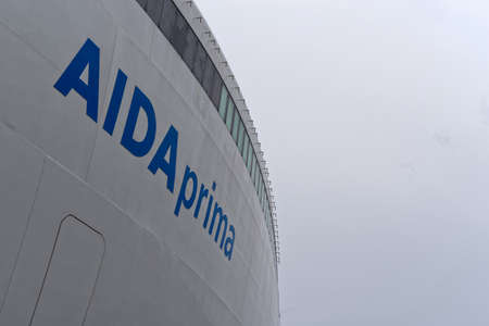 Tallinn, Estonia - August 12, 2019: Aida prima lettering on the side of a cruise ship in blue colorのeditorial素材