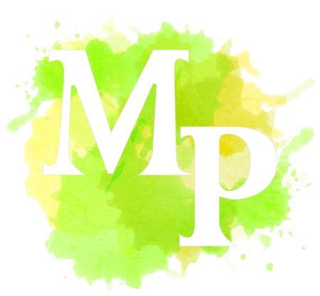 Letter calligraphy on colorful watercolor splash background. Alphabet symbol M and P.のイラスト素材