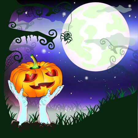 Happy Halloween party with zombie hands, pumpkin, tree and spider. Moon light night background with fog. Vector illustration.のイラスト素材