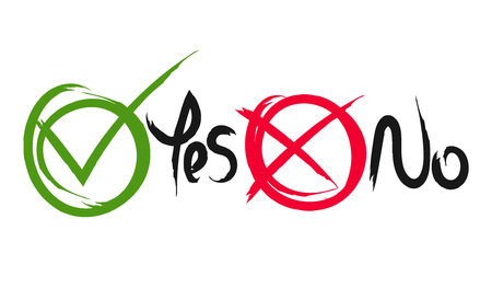 Brush painted tick and cross signs. Circle symbols green checkmark Yes and red No icons isolated on white background. Vector illustration for vote, decision, web.のイラスト素材