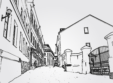 Hand drawn sketch silhouette narrow street of the old town. Vector illustration. EPS 10のイラスト素材