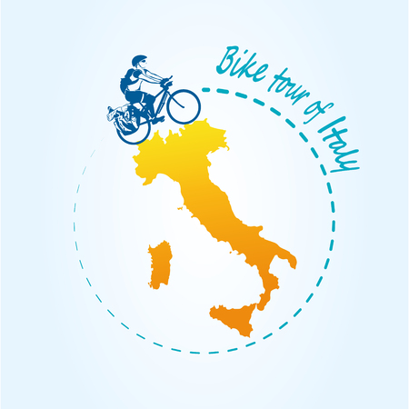 Man riding bicycle around Italy. Travel the world by bike. Modern Design for postcard or poster, advertising or banner. Vector illustrationのイラスト素材
