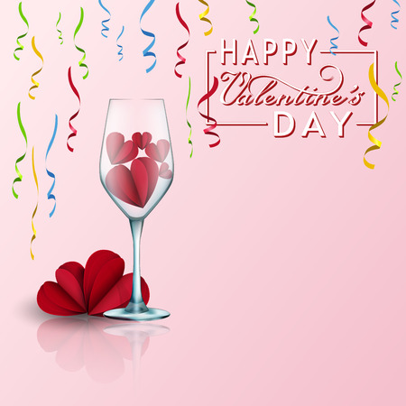 Valentines day card with paper cut red hearts and colorful ribbons and glass. 3d realistic elements of love for greeting card design. Abstract background for text love.のイラスト素材