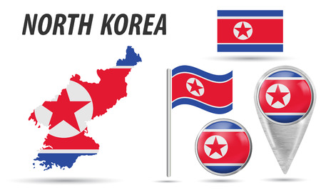 NORTH KOREA. Set flag, map pointer, button, waving flag, symbol, flat icon and map in the colors of the flag. Vector illustration of collection of national symbols on various objects.のイラスト素材